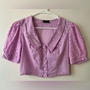 Milk & Honey Purple Eyelet Puff Sleeve Crop Top - Size S - Button Front